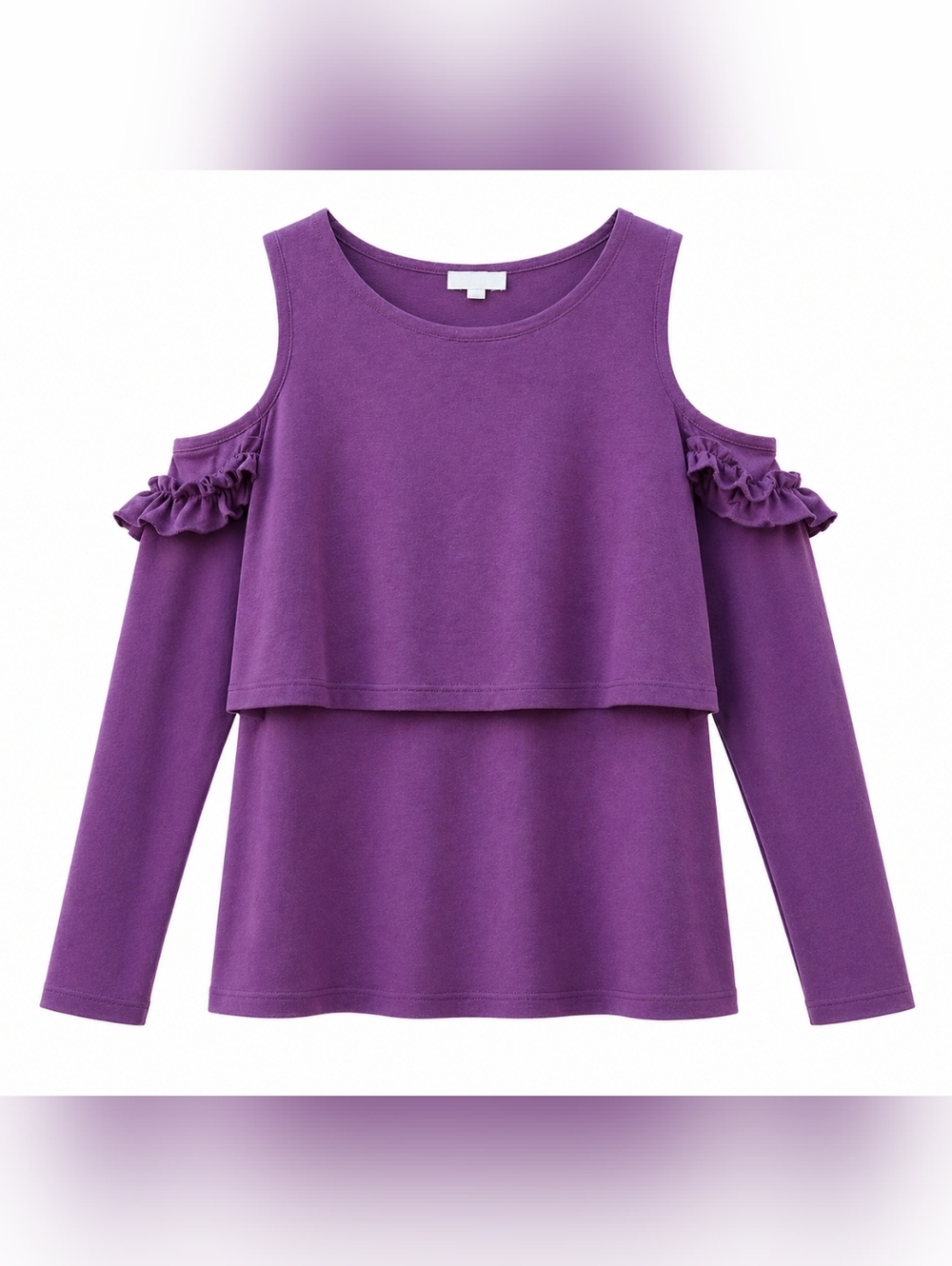 Easil Plum Cold Shoulder Sweatshirt Top Ruffle Cutout Back Layered Blouse Size L - Picture 2 of 9